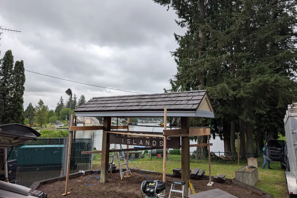 A Brava composite shake tile roof on a lakefront structure in Lake Tapps